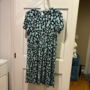 Fun blue and Green Dress with fruit pattern from J.Jill wearever collection.